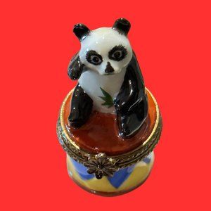 Limoges France Trinket Box Panda Bear On Drum Peint Main Porcelain, Hinged
